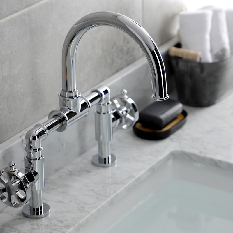 Belknap Two-Handle 2-Hole Deck Mount Bridge Bathroom Faucet with Push Pop-Up Drain