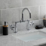 Belknap Two-Handle 2-Hole Deck Mount Bridge Bathroom Faucet with Push Pop-Up Drain