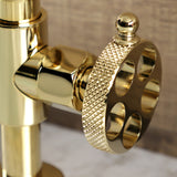 Webb Two-Handle 2-Hole Deck Mount Bridge Bathroom Faucet with Knurled Handle and Push Pop-Up Drain