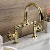 Webb Two-Handle 2-Hole Deck Mount Bridge Bathroom Faucet with Knurled Handle and Push Pop-Up Drain