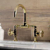 Webb Two-Handle 2-Hole Deck Mount Bridge Bathroom Faucet with Knurled Handle and Push Pop-Up Drain