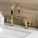 Webb Two-Handle 2-Hole Deck Mount Bridge Bathroom Faucet with Knurled Handle and Push Pop-Up Drain