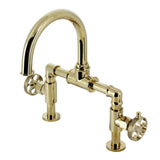 Webb Two-Handle 2-Hole Deck Mount Bridge Bathroom Faucet with Knurled Handle and Push Pop-Up Drain