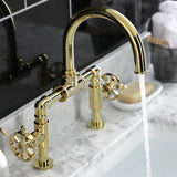 Belknap Two-Handle 2-Hole Deck Mount Bridge Bathroom Faucet with Push Pop-Up Drain