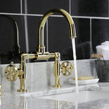 Belknap Two-Handle 2-Hole Deck Mount Bridge Bathroom Faucet with Push Pop-Up Drain