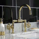 Belknap Two-Handle 2-Hole Deck Mount Bridge Bathroom Faucet with Push Pop-Up Drain