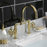 Belknap Two-Handle 2-Hole Deck Mount Bridge Bathroom Faucet with Push Pop-Up Drain