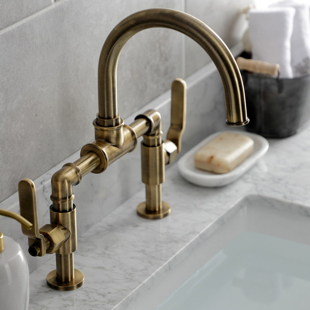 Whitaker Two-Handle 2-Hole Deck Mount Bridge Bathroom Faucet with Pop-Up Drain