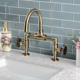 Webb Two-Handle 2-Hole Deck Mount Bridge Bathroom Faucet with Knurled Handle and Push Pop-Up Drain