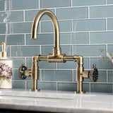 Webb Two-Handle 2-Hole Deck Mount Bridge Bathroom Faucet with Knurled Handle and Push Pop-Up Drain