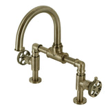 Webb Two-Handle 2-Hole Deck Mount Bridge Bathroom Faucet with Knurled Handle and Push Pop-Up Drain