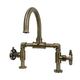 Belknap Two-Handle 2-Hole Deck Mount Bridge Bathroom Faucet with Push Pop-Up Drain