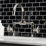 Webb Two-Handle 2-Hole Deck Mount Bridge Bathroom Faucet with Knurled Handle and Push Pop-Up Drain