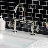 Webb Two-Handle 2-Hole Deck Mount Bridge Bathroom Faucet with Knurled Handle and Push Pop-Up Drain