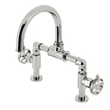 Webb Two-Handle 2-Hole Deck Mount Bridge Bathroom Faucet with Knurled Handle and Push Pop-Up Drain