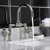 Belknap Two-Handle 2-Hole Deck Mount Bridge Bathroom Faucet with Push Pop-Up Drain