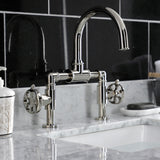 Belknap Two-Handle 2-Hole Deck Mount Bridge Bathroom Faucet with Push Pop-Up Drain