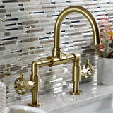 Webb Two-Handle 2-Hole Deck Mount Bridge Bathroom Faucet with Knurled Handle and Push Pop-Up Drain