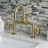 Webb Two-Handle 2-Hole Deck Mount Bridge Bathroom Faucet with Knurled Handle and Push Pop-Up Drain