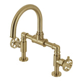 Webb Two-Handle 2-Hole Deck Mount Bridge Bathroom Faucet with Knurled Handle and Push Pop-Up Drain