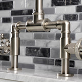 Webb Two-Handle 2-Hole Deck Mount Bridge Bathroom Faucet with Knurled Handle and Push Pop-Up Drain