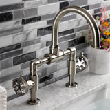 Webb Two-Handle 2-Hole Deck Mount Bridge Bathroom Faucet with Knurled Handle and Push Pop-Up Drain