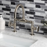 Webb Two-Handle 2-Hole Deck Mount Bridge Bathroom Faucet with Knurled Handle and Push Pop-Up Drain