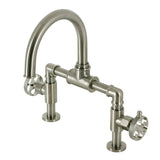 Webb Two-Handle 2-Hole Deck Mount Bridge Bathroom Faucet with Knurled Handle and Push Pop-Up Drain