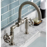 Belknap Two-Handle 2-Hole Deck Mount Bridge Bathroom Faucet with Push Pop-Up Drain