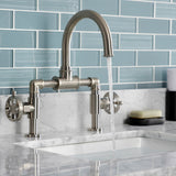 Belknap Two-Handle 2-Hole Deck Mount Bridge Bathroom Faucet with Push Pop-Up Drain