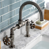 Belknap Two-Handle 2-Hole Deck Mount Bridge Bathroom Faucet with Push Pop-Up Drain