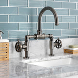 Belknap Two-Handle 2-Hole Deck Mount Bridge Bathroom Faucet with Push Pop-Up Drain