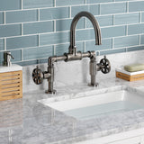 Belknap Two-Handle 2-Hole Deck Mount Bridge Bathroom Faucet with Push Pop-Up Drain