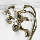 Kingston Three-Handle 2-Hole Tub Wall Mount Clawfoot Tub Faucet with Hand Shower