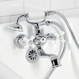Kingston Three-Handle 2-Hole Tub Wall Mount Clawfoot Tub Faucet with Hand Shower
