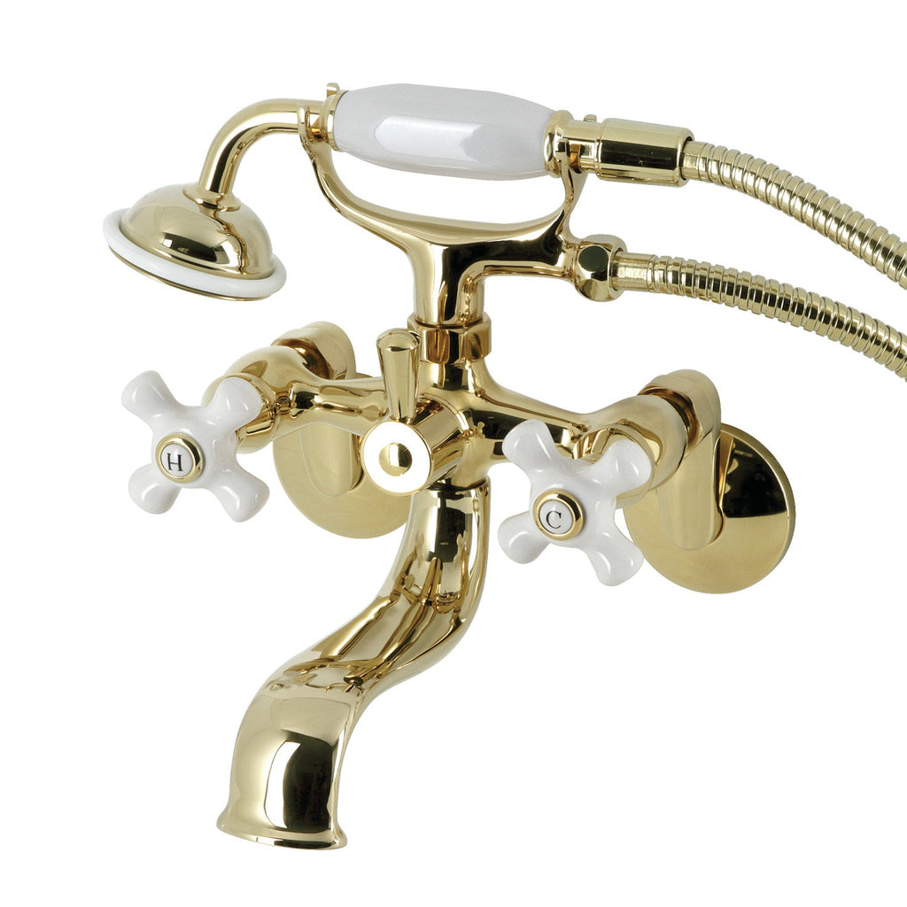 Kingston Three-Handle 2-Hole Wall Mount Clawfoot Tub Faucet with Hand Shower