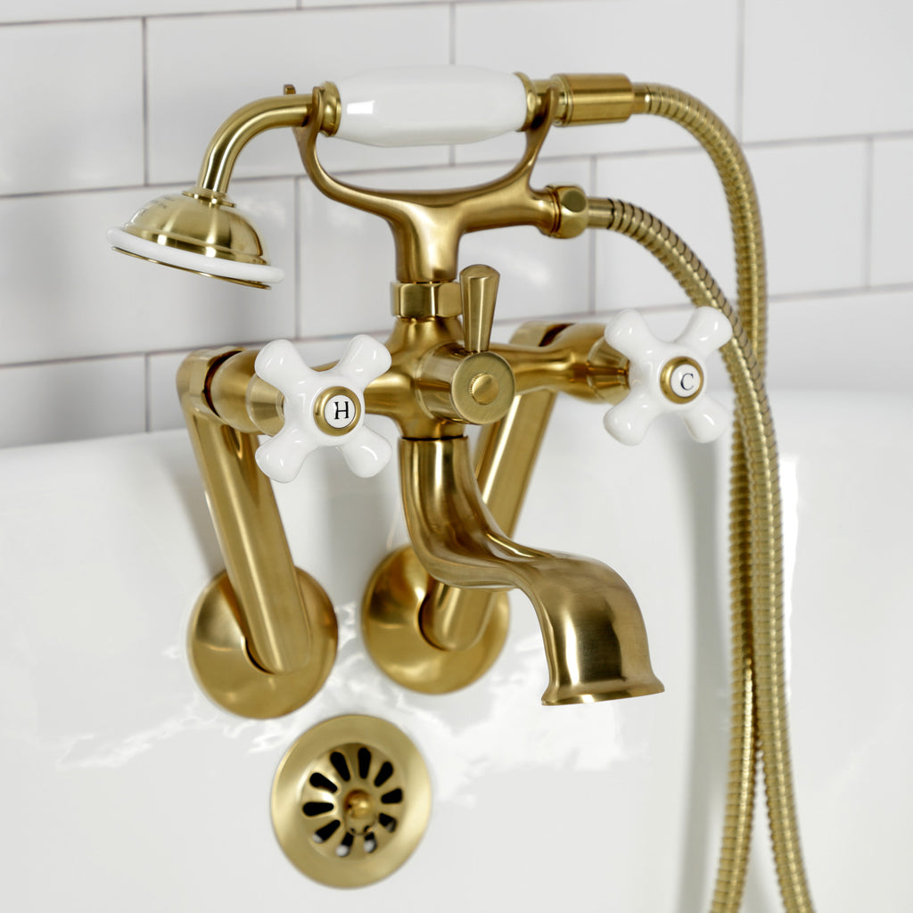 Kingston Three-Handle 2-Hole Tub Wall Mount Clawfoot Tub Faucet with Hand Shower