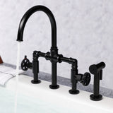 Fuller Two-Handle 4-Hole Deck Mount Bridge Kitchen Faucet with Brass Sprayer