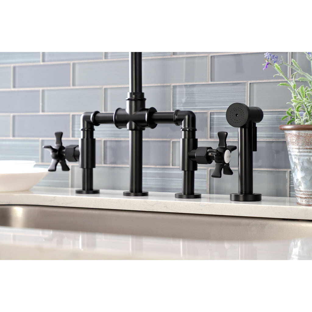 Hamilton Two-Handle 4-Hole Deck Mount Bridge Kitchen Faucet with Brass Sprayer