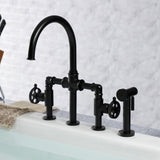 Webb Two-Handle 4-Hole Deck Mount Bridge Kitchen Faucet with Knurled Handle and Brass Side Sprayer