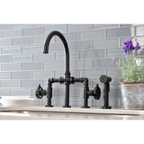 Belknap Two-Handle 4-Hole Deck Mount Industrial Style Bridge Kitchen Faucet with Brass Side Sprayer