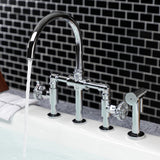 Fuller Two-Handle 4-Hole Deck Mount Bridge Kitchen Faucet with Brass Sprayer