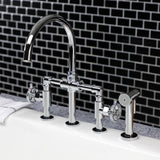 Fuller Two-Handle 4-Hole Deck Mount Bridge Kitchen Faucet with Brass Sprayer