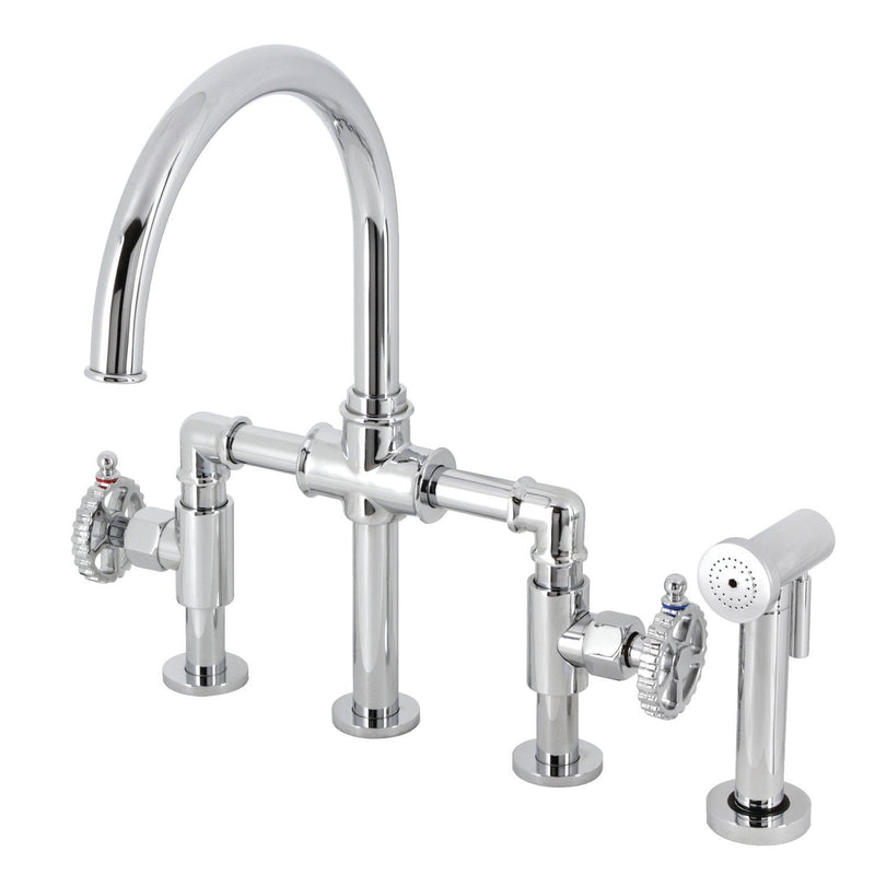 Fuller Two-Handle 4-Hole Deck Mount Industrial Style Bridge Kitchen Faucet with Brass Side Sprayer