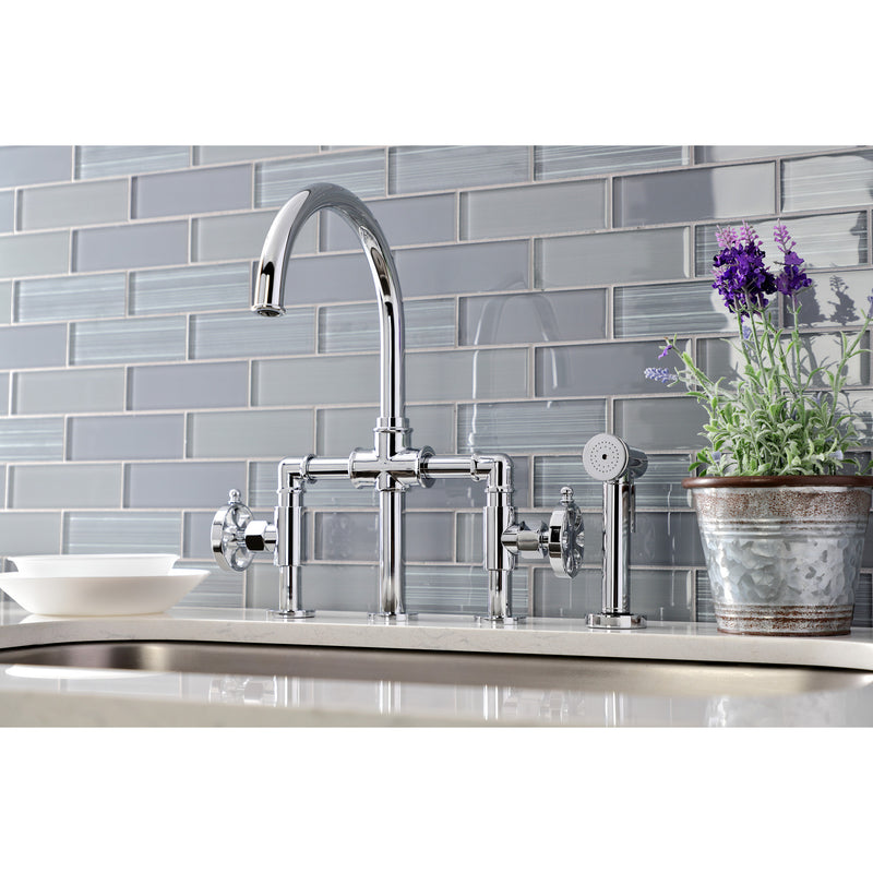 Belknap Two-Handle 4-Hole Deck Mount Industrial Style Bridge Kitchen Faucet with Brass Side Sprayer
