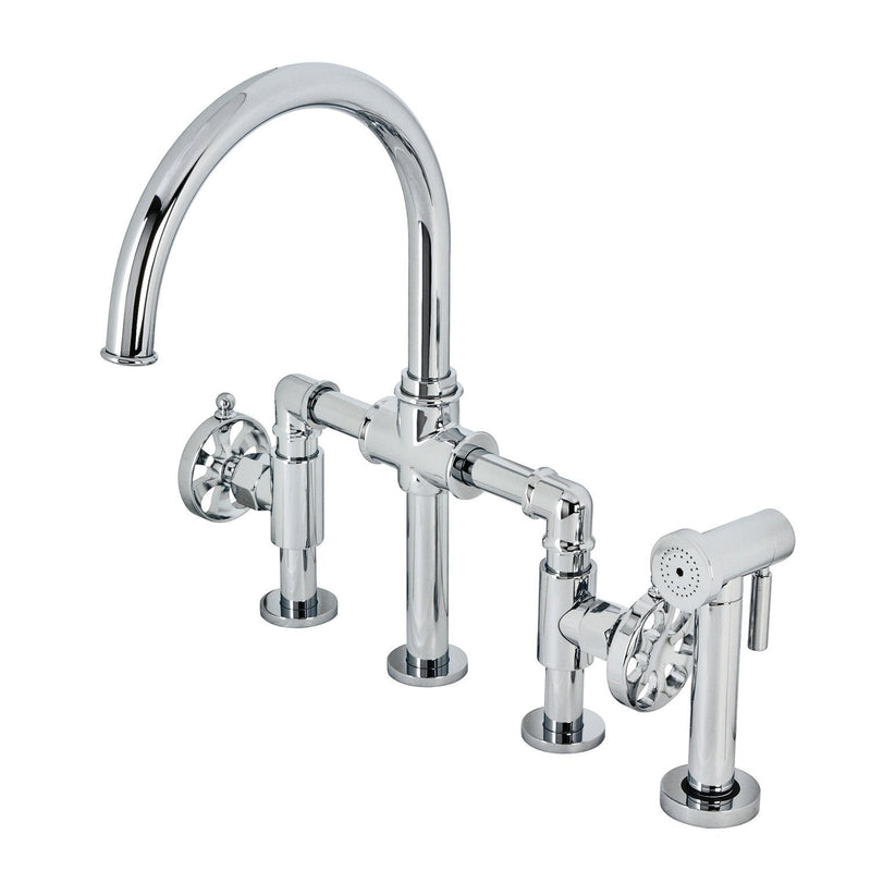 Belknap Two-Handle 4-Hole Deck Mount Industrial Style Bridge Kitchen Faucet with Brass Side Sprayer
