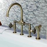 Fuller Two-Handle 4-Hole Deck Mount Bridge Kitchen Faucet with Brass Sprayer