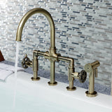 Fuller Two-Handle 4-Hole Deck Mount Bridge Kitchen Faucet with Brass Sprayer