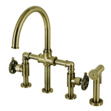 Fuller Two-Handle 4-Hole Deck Mount Bridge Kitchen Faucet with Brass Sprayer