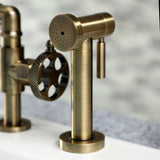 Webb Two-Handle 4-Hole Deck Mount Bridge Kitchen Faucet with Knurled Handle and Brass Side Sprayer